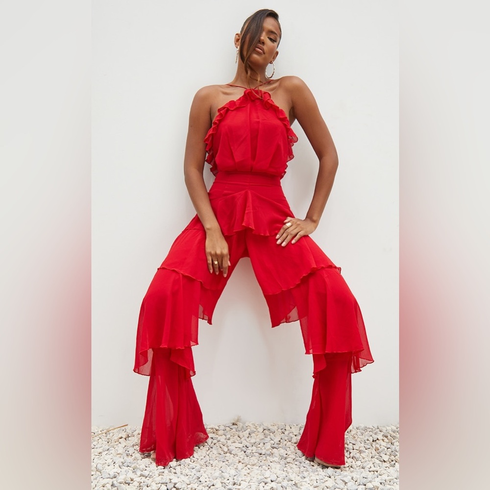 Pretty Little Thing RED TIERED CHIFFON HALTERNECK JUMPSUIT Medium